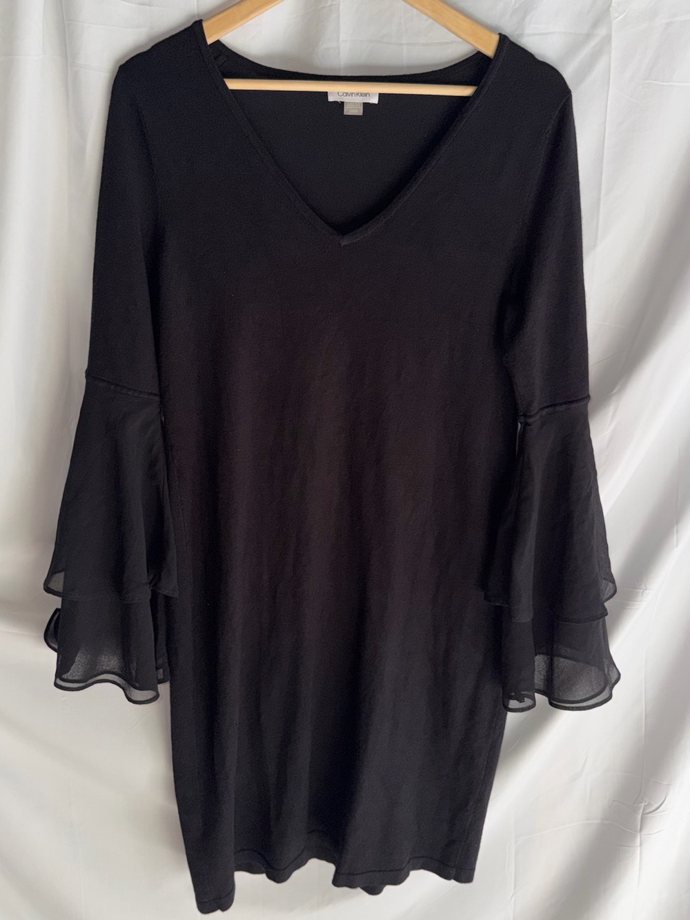Calvin Klein Black V-Neck Tiered Bell Sleeve Dress